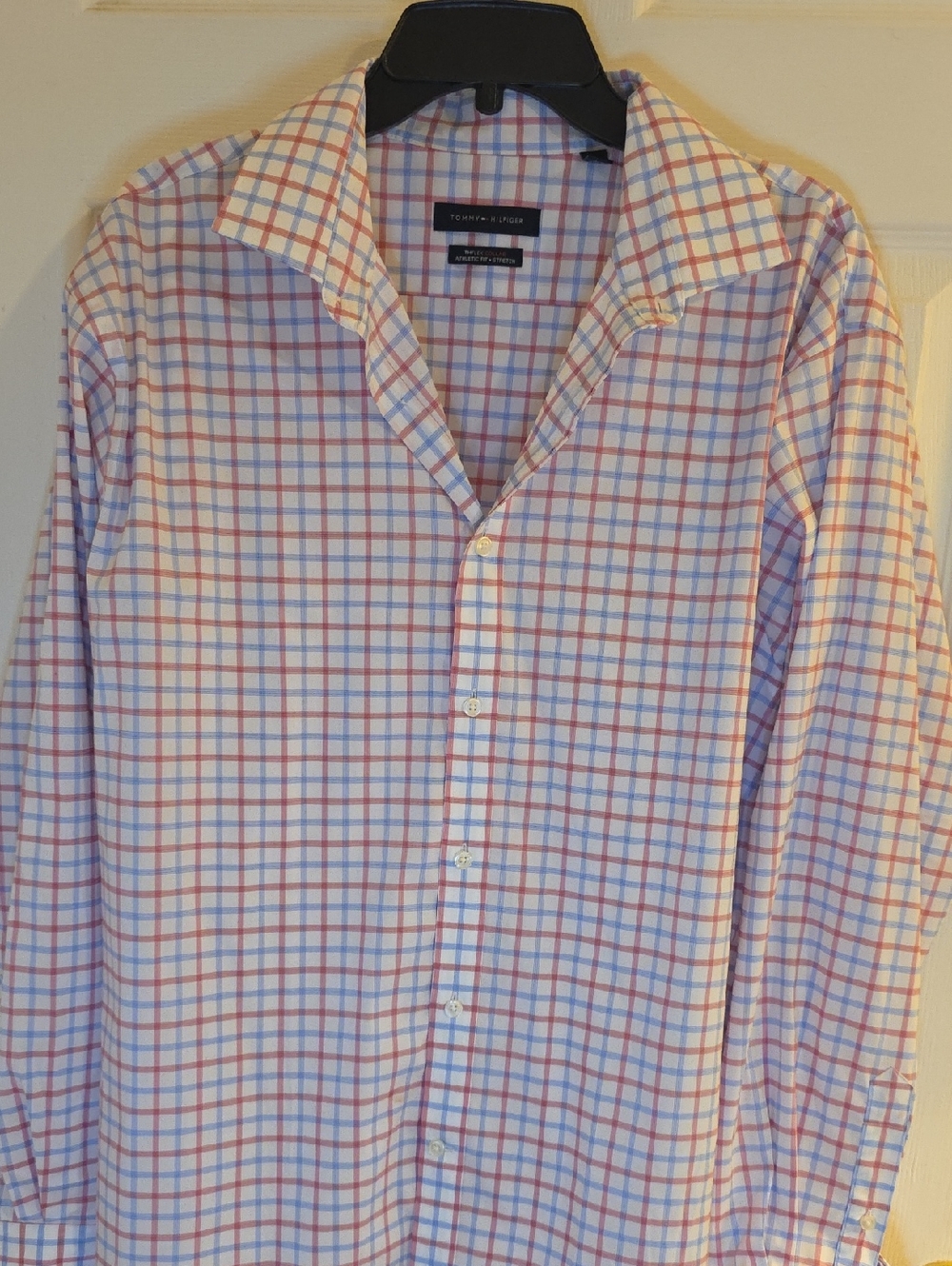 Tommy Hilfiger Men’s White Dress Shirt with Pink and Light Blue Windowpane